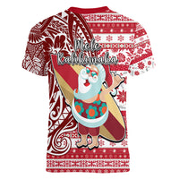 Hawaii Mele Kalikimaka Women V Neck T Shirt Santa Claus Surfing with Hawaiian Pattern Striped Red Style LT03 - Polynesian Pride