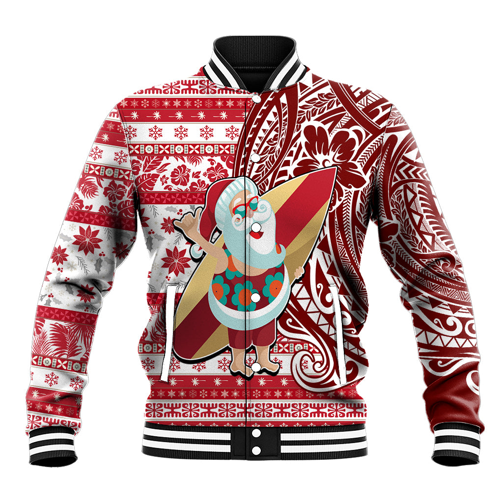 Custom Hawaii Mele Kalikimaka Baseball Jacket Santa Claus Surfing with Hawaiian Pattern Striped Red Style LT03 Unisex Red - Polynesian Pride