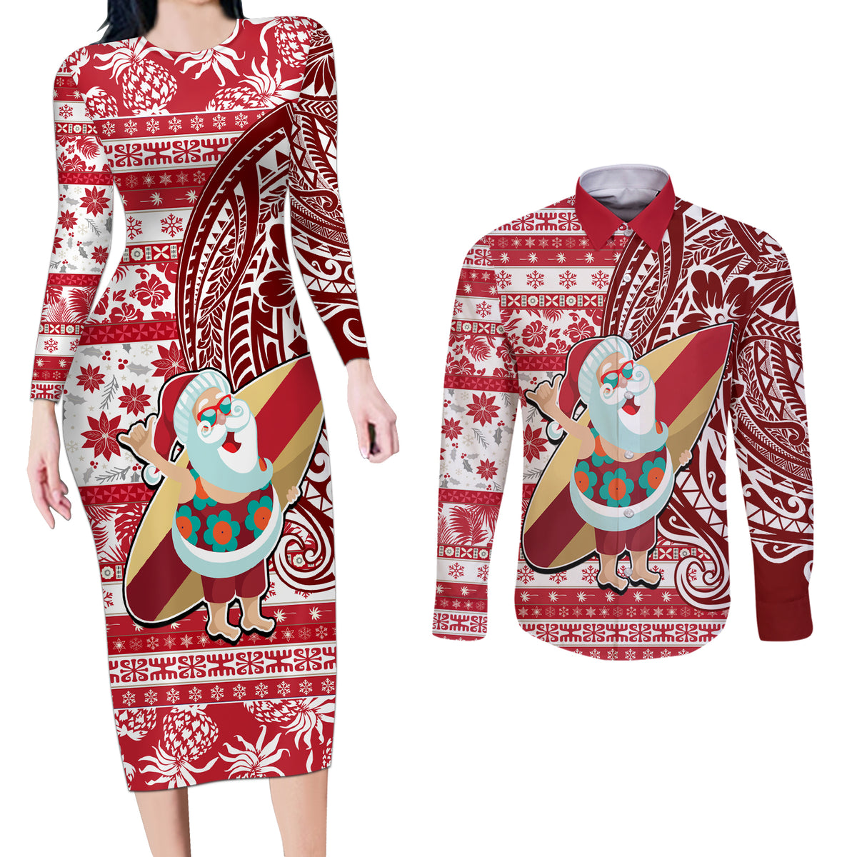 Custom Hawaii Mele Kalikimaka Couples Matching Long Sleeve Bodycon Dress and Long Sleeve Button Shirt Santa Claus Surfing with Hawaiian Pattern Striped Red Style LT03 Red - Polynesian Pride