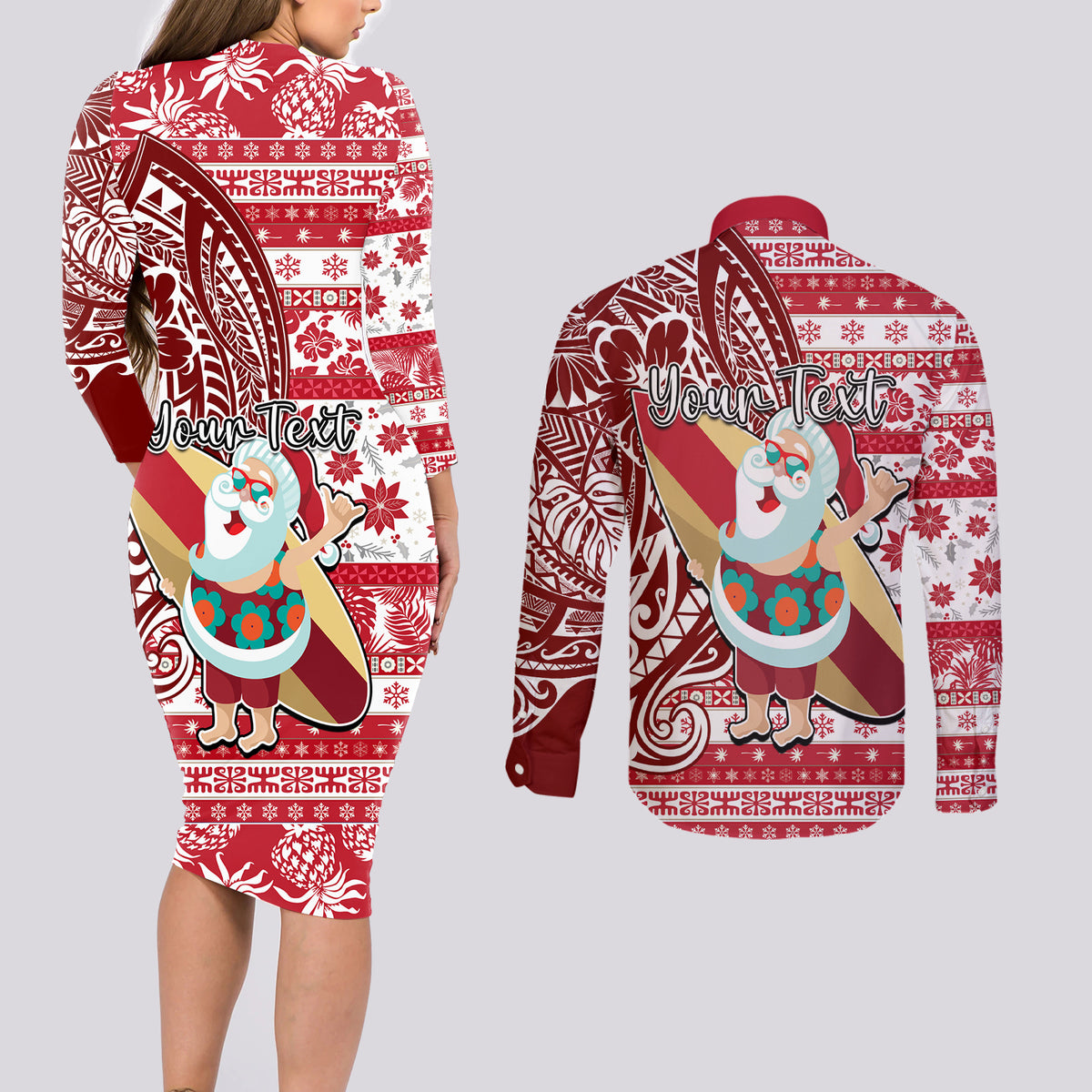 Custom Hawaii Mele Kalikimaka Couples Matching Long Sleeve Bodycon Dress and Long Sleeve Button Shirt Santa Claus Surfing with Hawaiian Pattern Striped Red Style LT03 - Polynesian Pride