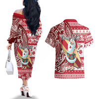Custom Hawaii Mele Kalikimaka Couples Matching Off The Shoulder Long Sleeve Dress and Hawaiian Shirt Santa Claus Surfing with Hawaiian Pattern Striped Red Style LT03 - Polynesian Pride
