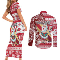 Custom Hawaii Mele Kalikimaka Couples Matching Short Sleeve Bodycon Dress and Long Sleeve Button Shirt Santa Claus Surfing with Hawaiian Pattern Striped Red Style LT03 - Polynesian Pride