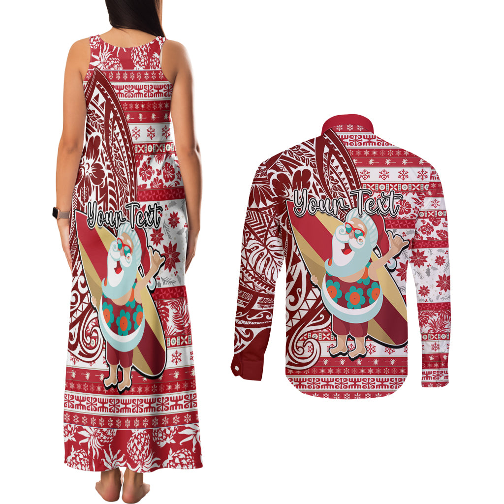 Custom Hawaii Mele Kalikimaka Couples Matching Tank Maxi Dress and Long Sleeve Button Shirt Santa Claus Surfing with Hawaiian Pattern Striped Red Style LT03 - Polynesian Pride