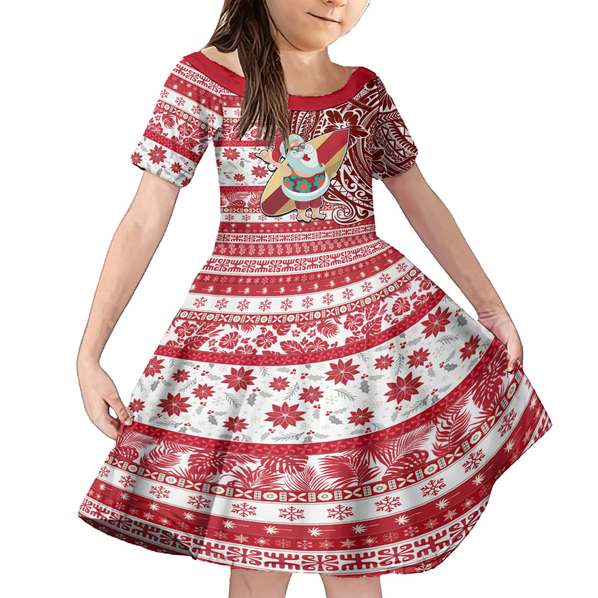 Custom Hawaii Mele Kalikimaka Family Matching Long Sleeve Bodycon Dress and Hawaiian Shirt Santa Claus Surfing with Hawaiian Pattern Striped Red Style LT03 Daughter's Dress Red - Polynesian Pride