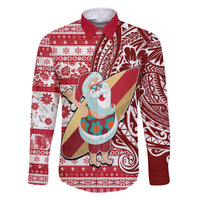Custom Hawaii Mele Kalikimaka Family Matching Long Sleeve Bodycon Dress and Hawaiian Shirt Santa Claus Surfing with Hawaiian Pattern Striped Red Style LT03 Dad's Shirt - Long Sleeve Red - Polynesian Pride