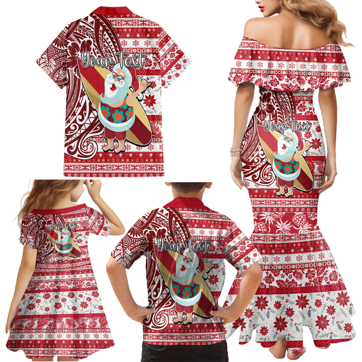 Custom Hawaii Mele Kalikimaka Family Matching Mermaid Dress and Hawaiian Shirt Santa Claus Surfing with Hawaiian Pattern Striped Red Style LT03 - Polynesian Pride