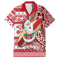 Custom Hawaii Mele Kalikimaka Family Matching Puletasi Dress and Hawaiian Shirt Santa Claus Surfing with Hawaiian Pattern Striped Red Style LT03 Dad's Shirt - Short Sleeve Red - Polynesian Pride