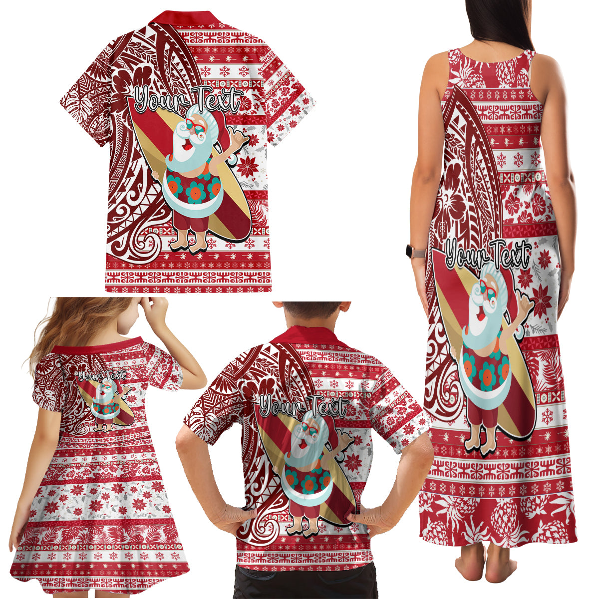 Custom Hawaii Mele Kalikimaka Family Matching Tank Maxi Dress and Hawaiian Shirt Santa Claus Surfing with Hawaiian Pattern Striped Red Style LT03 - Polynesian Pride