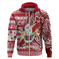 Custom Hawaii Mele Kalikimaka Hoodie Santa Claus Surfing with Hawaiian Pattern Striped Red Style LT03 Zip Hoodie Red - Polynesian Pride