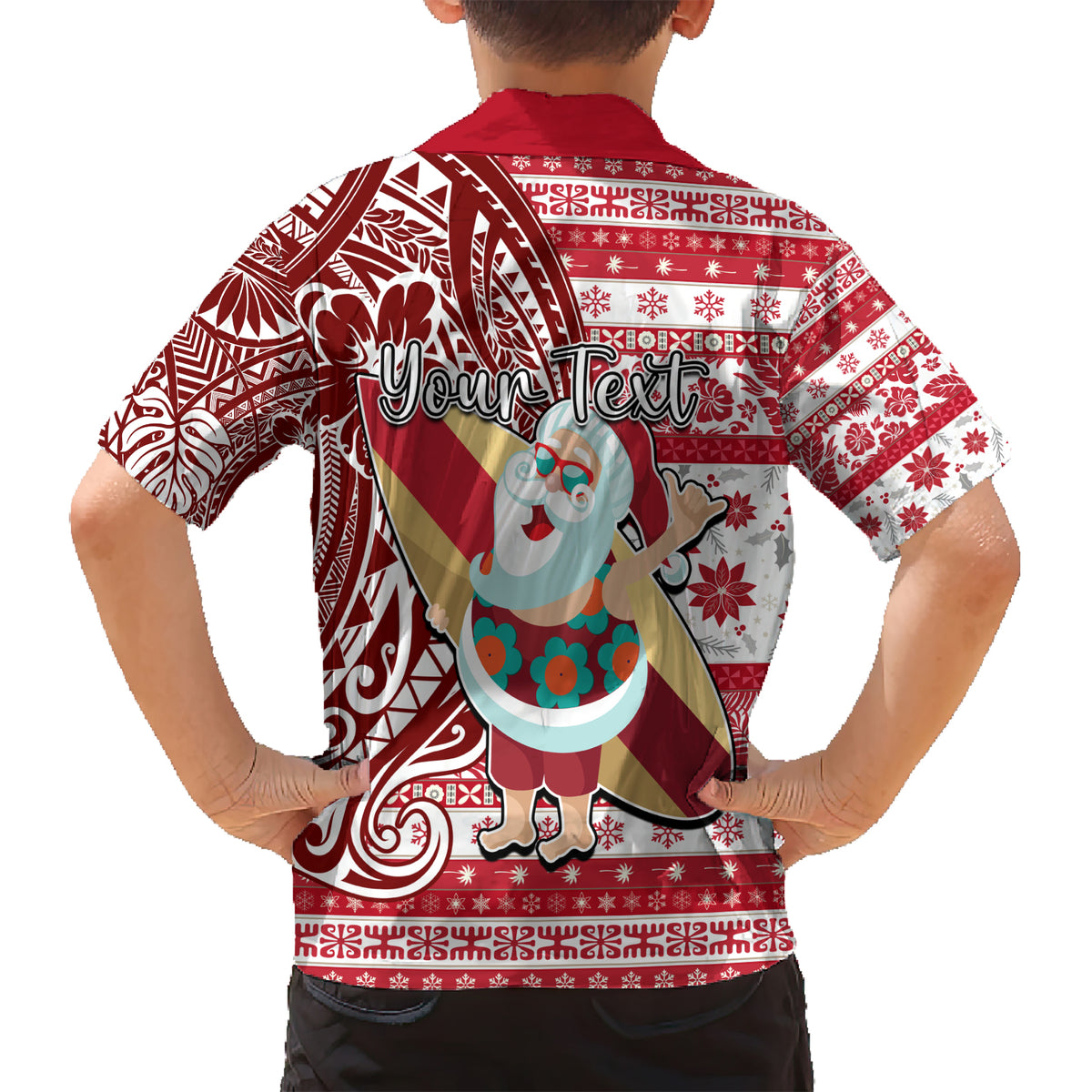 Custom Hawaii Mele Kalikimaka Kid Hawaiian Shirt Santa Claus Surfing with Hawaiian Pattern Striped Red Style LT03 - Polynesian Pride