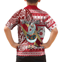 Custom Hawaii Mele Kalikimaka Kid Hawaiian Shirt Santa Claus Surfing with Hawaiian Pattern Striped Red Style LT03 - Polynesian Pride
