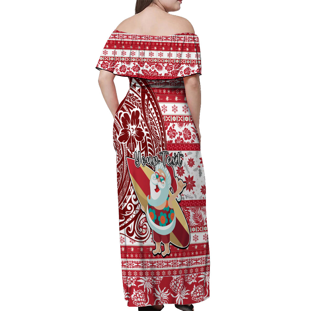 Custom Hawaii Mele Kalikimaka Off Shoulder Maxi Dress Santa Claus Surfing with Hawaiian Pattern Striped Red Style LT03 - Polynesian Pride