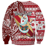 Custom Hawaii Mele Kalikimaka Sweatshirt Santa Claus Surfing with Hawaiian Pattern Striped Red Style LT03 - Polynesian Pride