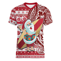 Custom Hawaii Mele Kalikimaka Women V Neck T Shirt Santa Claus Surfing with Hawaiian Pattern Striped Red Style LT03 Female Red - Polynesian Pride