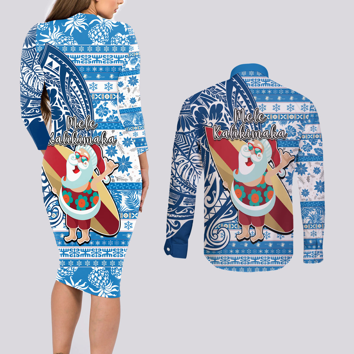 Hawaii Mele Kalikimaka Couples Matching Long Sleeve Bodycon Dress and Long Sleeve Button Shirt Santa Claus Surfing with Hawaiian Pattern Striped Blue Style LT03 - Polynesian Pride