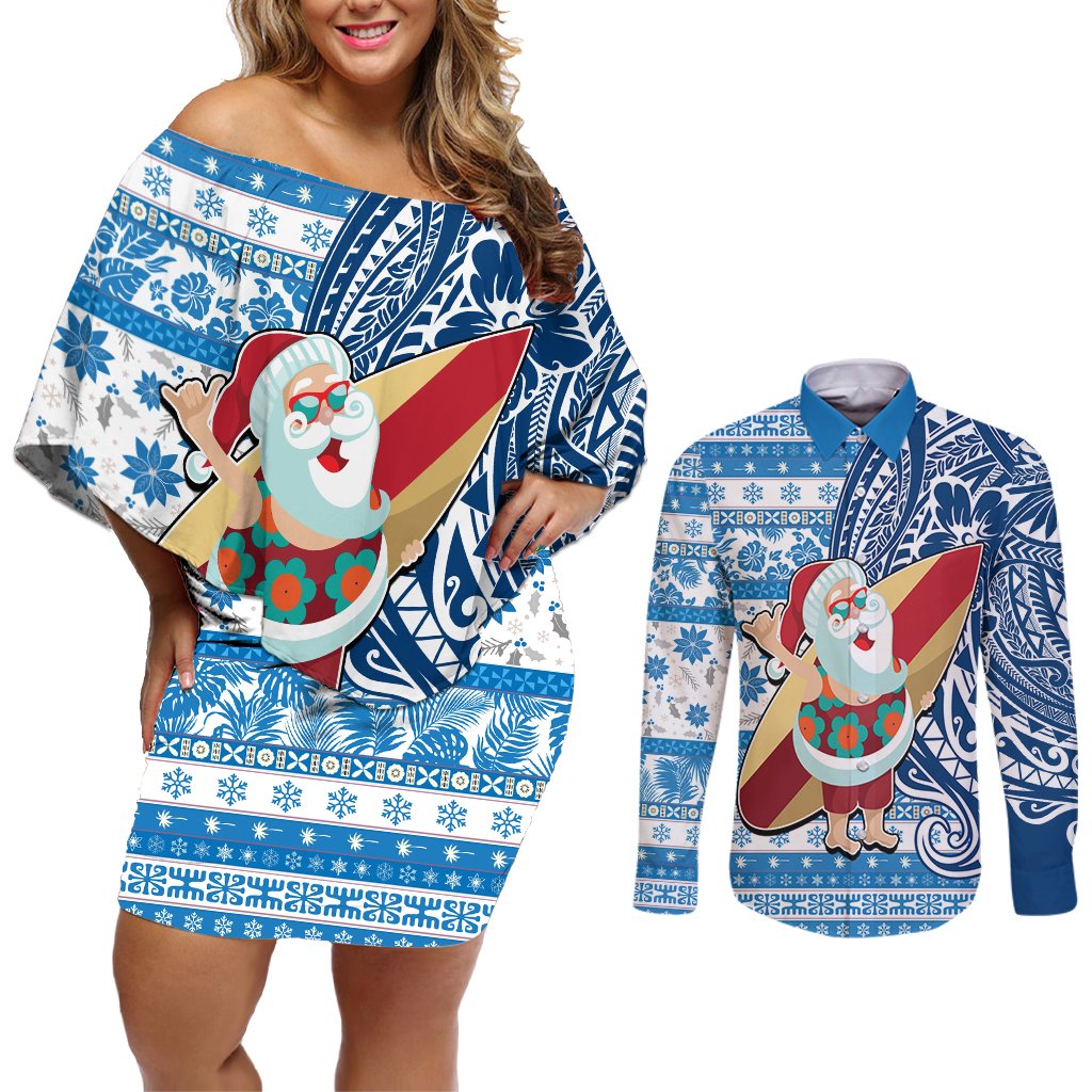 Hawaii Mele Kalikimaka Couples Matching Off Shoulder Short Dress and Long Sleeve Button Shirt Santa Claus Surfing with Hawaiian Pattern Striped Blue Style LT03 Blue - Polynesian Pride