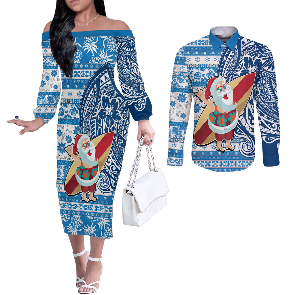 Hawaii Mele Kalikimaka Couples Matching Off The Shoulder Long Sleeve Dress and Long Sleeve Button Shirt Santa Claus Surfing with Hawaiian Pattern Striped Blue Style LT03 Blue - Polynesian Pride
