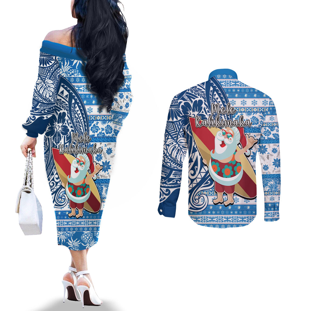 Hawaii Mele Kalikimaka Couples Matching Off The Shoulder Long Sleeve Dress and Long Sleeve Button Shirt Santa Claus Surfing with Hawaiian Pattern Striped Blue Style LT03 - Polynesian Pride
