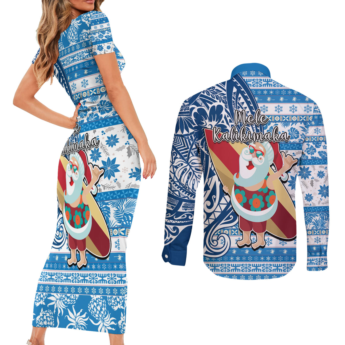 Hawaii Mele Kalikimaka Couples Matching Short Sleeve Bodycon Dress and Long Sleeve Button Shirt Santa Claus Surfing with Hawaiian Pattern Striped Blue Style LT03 - Polynesian Pride