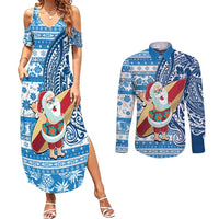 Hawaii Mele Kalikimaka Couples Matching Summer Maxi Dress and Long Sleeve Button Shirt Santa Claus Surfing with Hawaiian Pattern Striped Blue Style LT03 Blue - Polynesian Pride