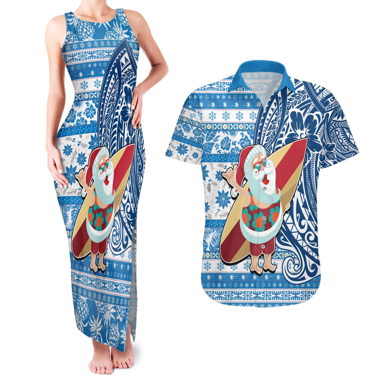 Hawaii Mele Kalikimaka Couples Matching Tank Maxi Dress and Hawaiian Shirt Santa Claus Surfing with Hawaiian Pattern Striped Blue Style LT03 Blue - Polynesian Pride