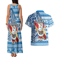 Hawaii Mele Kalikimaka Couples Matching Tank Maxi Dress and Hawaiian Shirt Santa Claus Surfing with Hawaiian Pattern Striped Blue Style LT03 - Polynesian Pride