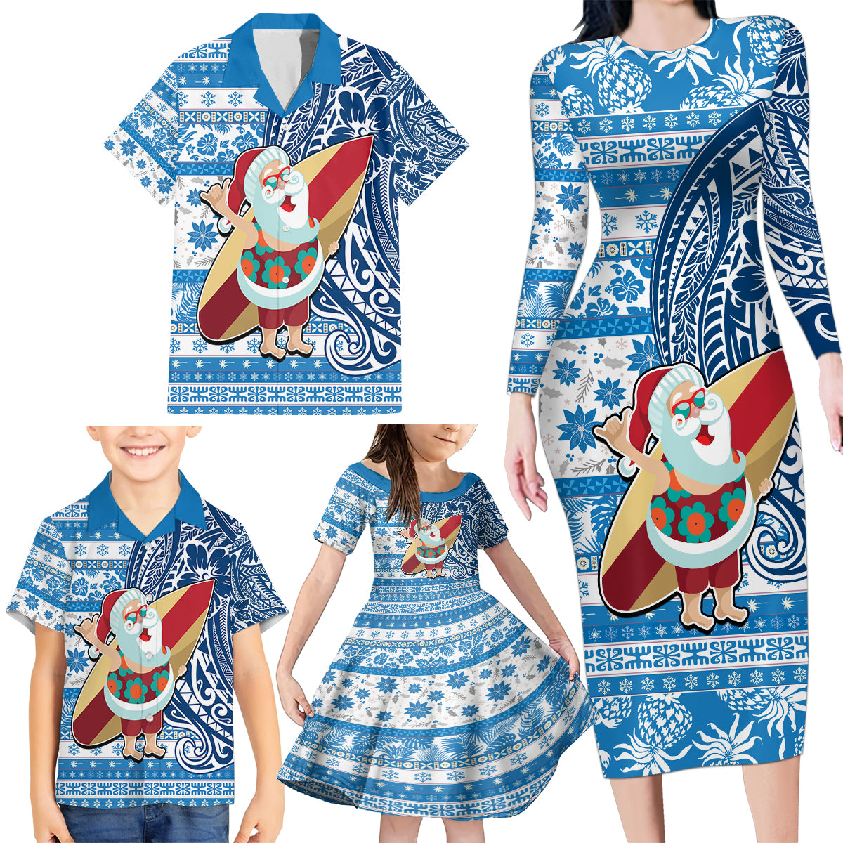 Hawaii Mele Kalikimaka Family Matching Long Sleeve Bodycon Dress and Hawaiian Shirt Santa Claus Surfing with Hawaiian Pattern Striped Blue Style LT03 - Polynesian Pride