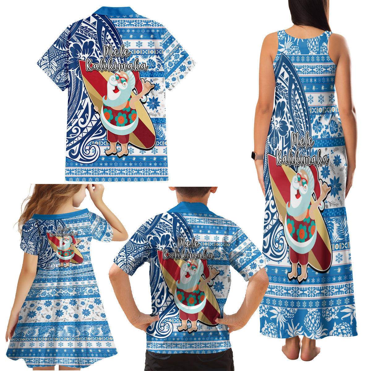 Hawaii Mele Kalikimaka Family Matching Tank Maxi Dress and Hawaiian Shirt Santa Claus Surfing with Hawaiian Pattern Striped Blue Style LT03 - Polynesian Pride