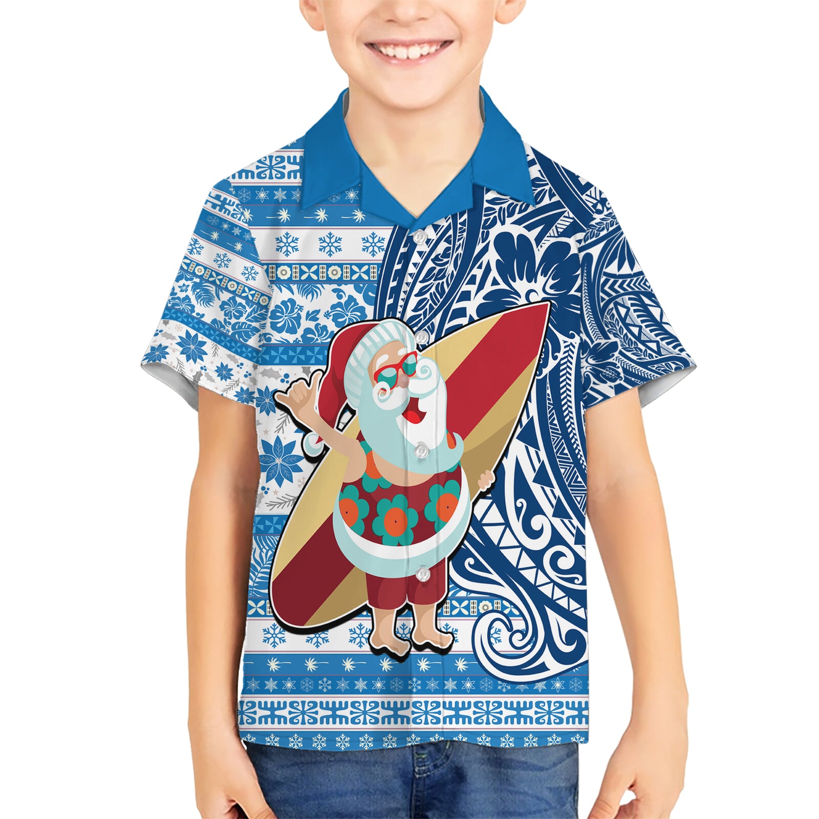 Hawaii Mele Kalikimaka Kid Hawaiian Shirt Santa Claus Surfing with Hawaiian Pattern Striped Blue Style LT03 Kid Blue - Polynesian Pride