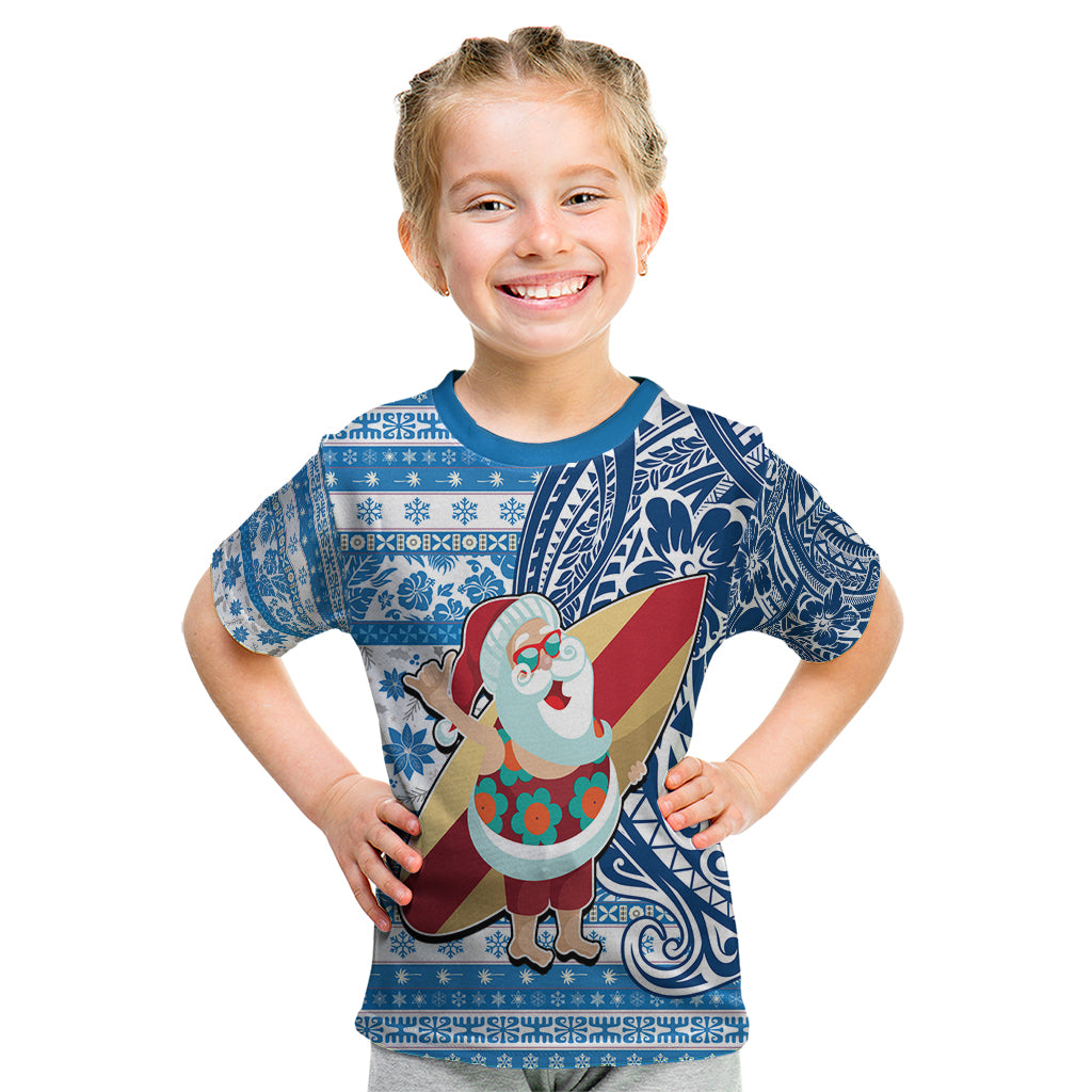 Hawaii Mele Kalikimaka Kid T Shirt Santa Claus Surfing with Hawaiian Pattern Striped Blue Style LT03 Blue - Polynesian Pride