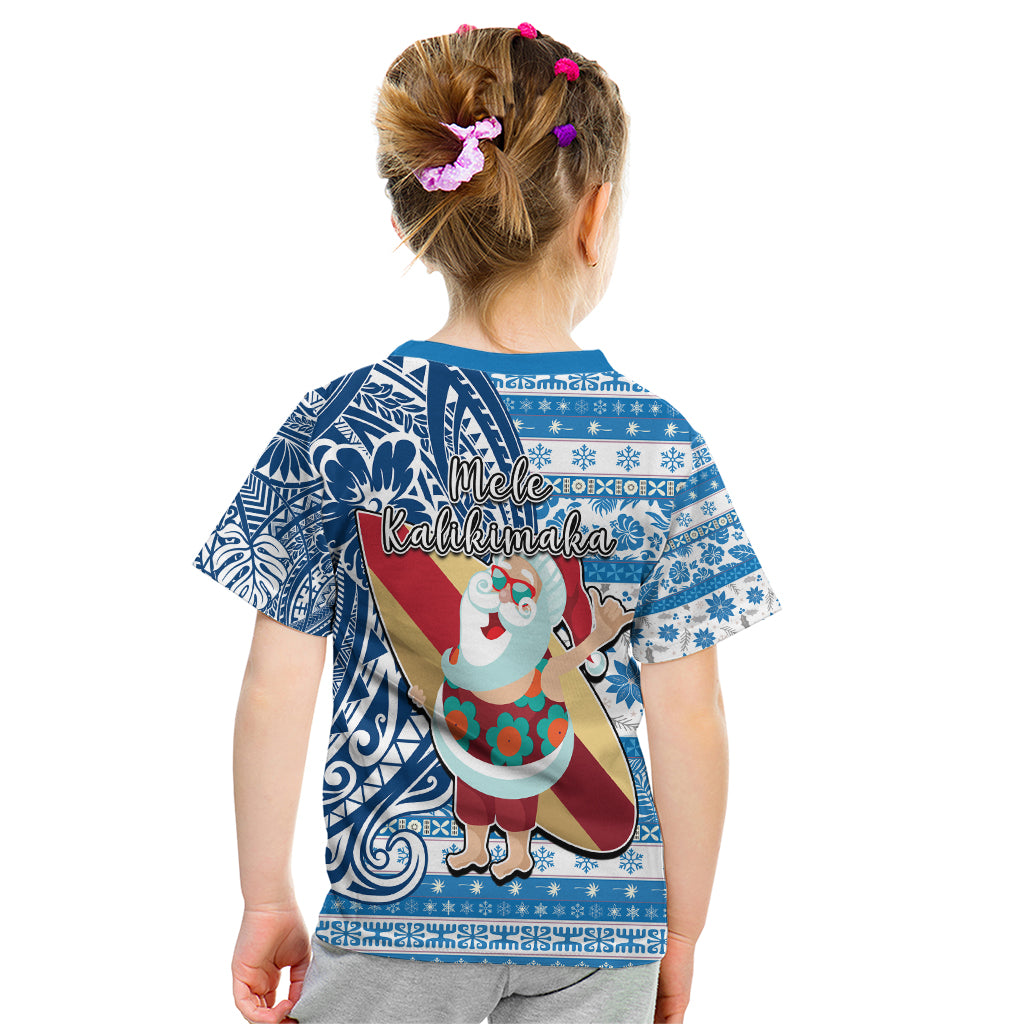 Hawaii Mele Kalikimaka Kid T Shirt Santa Claus Surfing with Hawaiian Pattern Striped Blue Style LT03 - Polynesian Pride