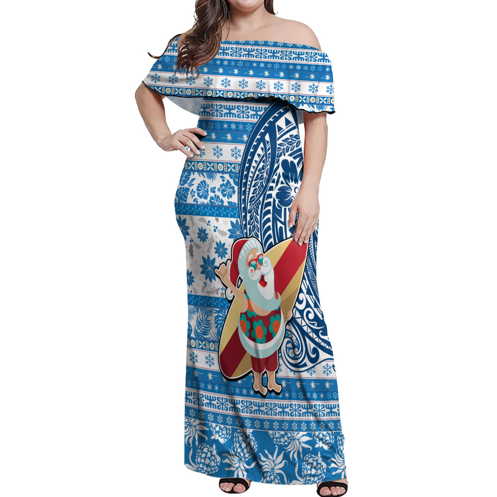 Hawaii Mele Kalikimaka Off Shoulder Maxi Dress Santa Claus Surfing with Hawaiian Pattern Striped Blue Style LT03 Women Blue - Polynesian Pride