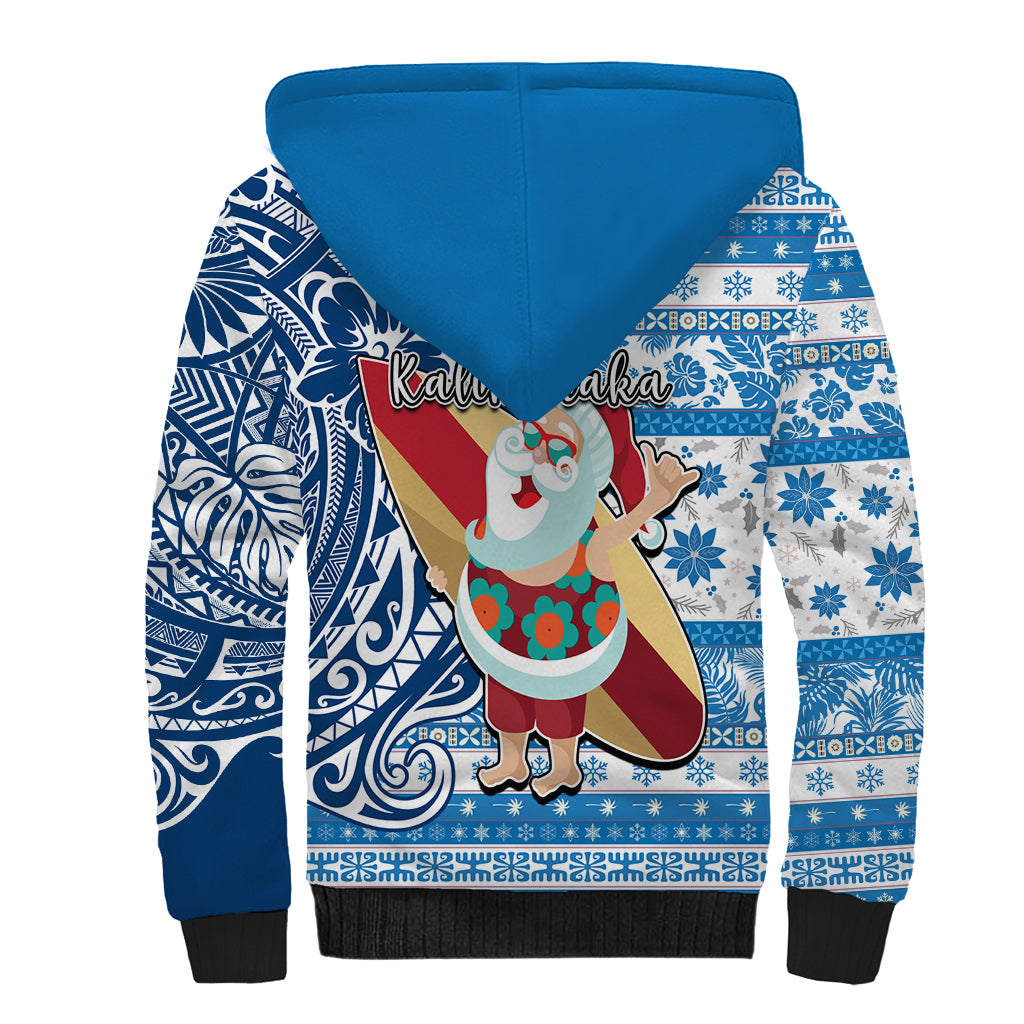 Hawaii Mele Kalikimaka Sherpa Hoodie Santa Claus Surfing with Hawaiian Pattern Striped Blue Style LT03 - Polynesian Pride
