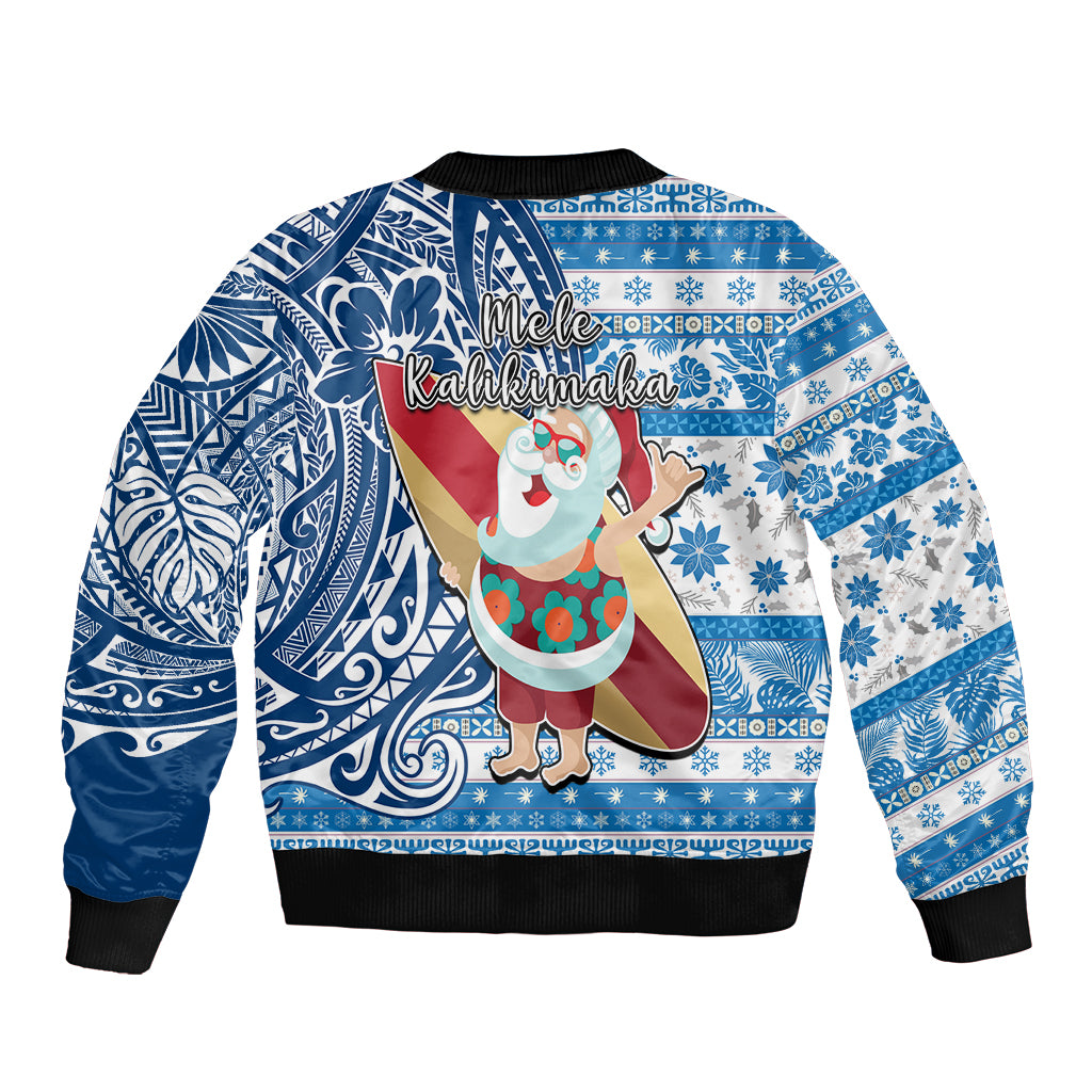Hawaii Mele Kalikimaka Sleeve Zip Bomber Jacket Santa Claus Surfing with Hawaiian Pattern Striped Blue Style LT03 - Polynesian Pride
