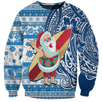 Hawaii Mele Kalikimaka Sweatshirt Santa Claus Surfing with Hawaiian Pattern Striped Blue Style LT03 Unisex Blue - Polynesian Pride