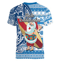 Hawaii Mele Kalikimaka Women V Neck T Shirt Santa Claus Surfing with Hawaiian Pattern Striped Blue Style LT03 - Polynesian Pride