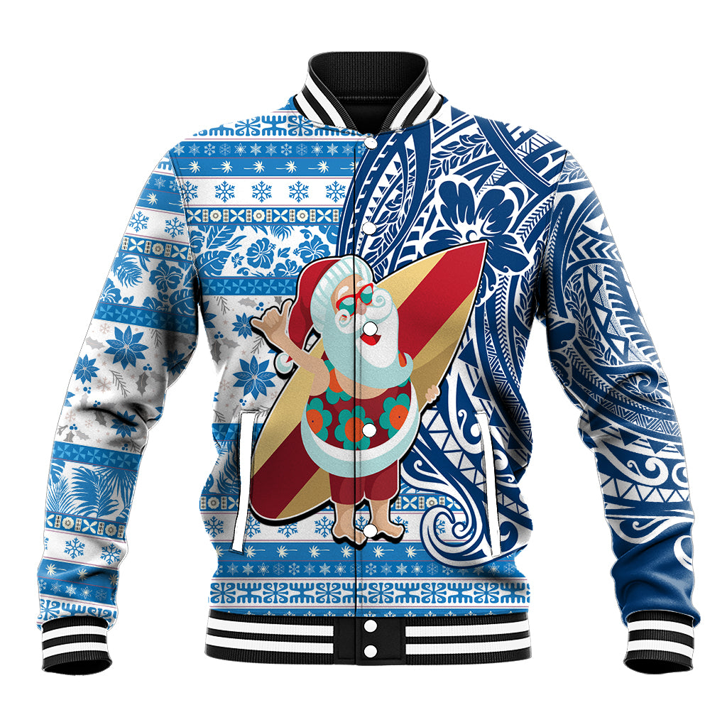 Custom Hawaii Mele Kalikimaka Baseball Jacket Santa Claus Surfing with Hawaiian Pattern Striped Blue Style LT03 Unisex Blue - Polynesian Pride
