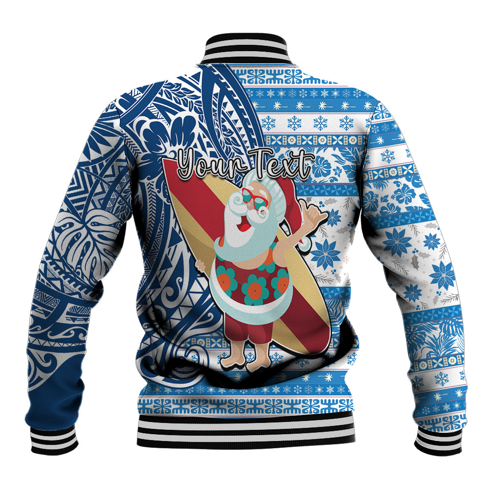 Custom Hawaii Mele Kalikimaka Baseball Jacket Santa Claus Surfing with Hawaiian Pattern Striped Blue Style LT03 - Polynesian Pride