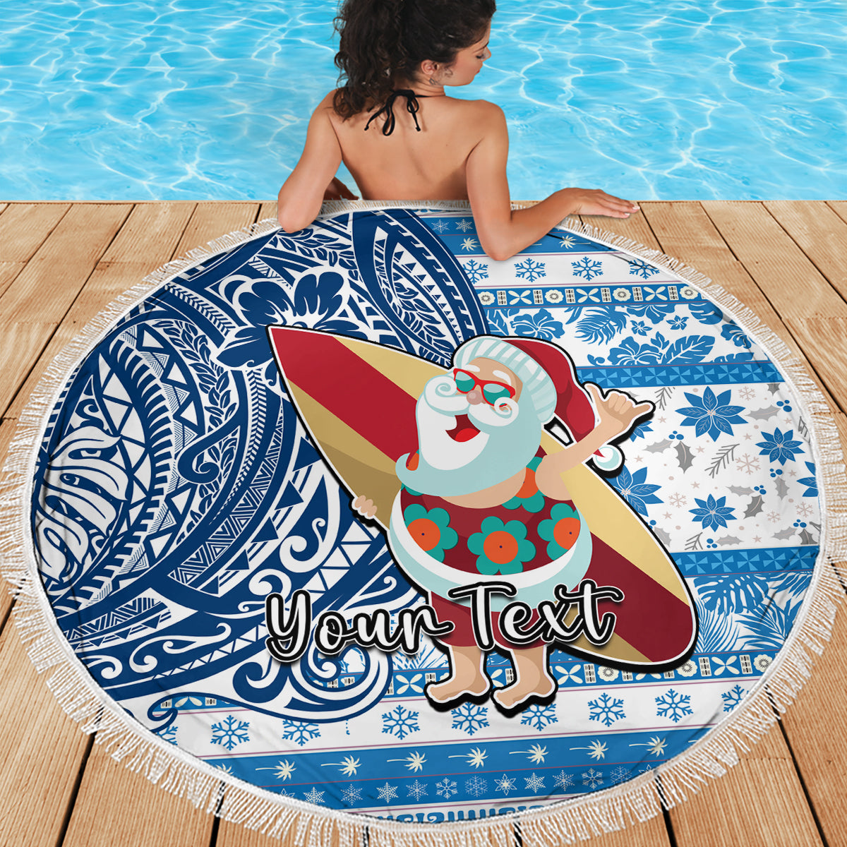 Custom Hawaii Mele Kalikimaka Beach Blanket Santa Claus Surfing with Hawaiian Pattern Striped Blue Style LT03 - Polynesian Pride