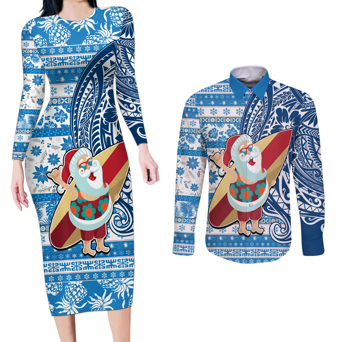 Custom Hawaii Mele Kalikimaka Couples Matching Long Sleeve Bodycon Dress and Long Sleeve Button Shirt Santa Claus Surfing with Hawaiian Pattern Striped Blue Style LT03 Blue - Polynesian Pride