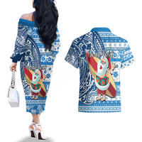 Custom Hawaii Mele Kalikimaka Couples Matching Off The Shoulder Long Sleeve Dress and Hawaiian Shirt Santa Claus Surfing with Hawaiian Pattern Striped Blue Style LT03 - Polynesian Pride