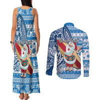 Custom Hawaii Mele Kalikimaka Couples Matching Tank Maxi Dress and Long Sleeve Button Shirt Santa Claus Surfing with Hawaiian Pattern Striped Blue Style LT03 - Polynesian Pride