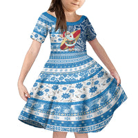 Custom Hawaii Mele Kalikimaka Family Matching Long Sleeve Bodycon Dress and Hawaiian Shirt Santa Claus Surfing with Hawaiian Pattern Striped Blue Style LT03 Daughter's Dress Blue - Polynesian Pride