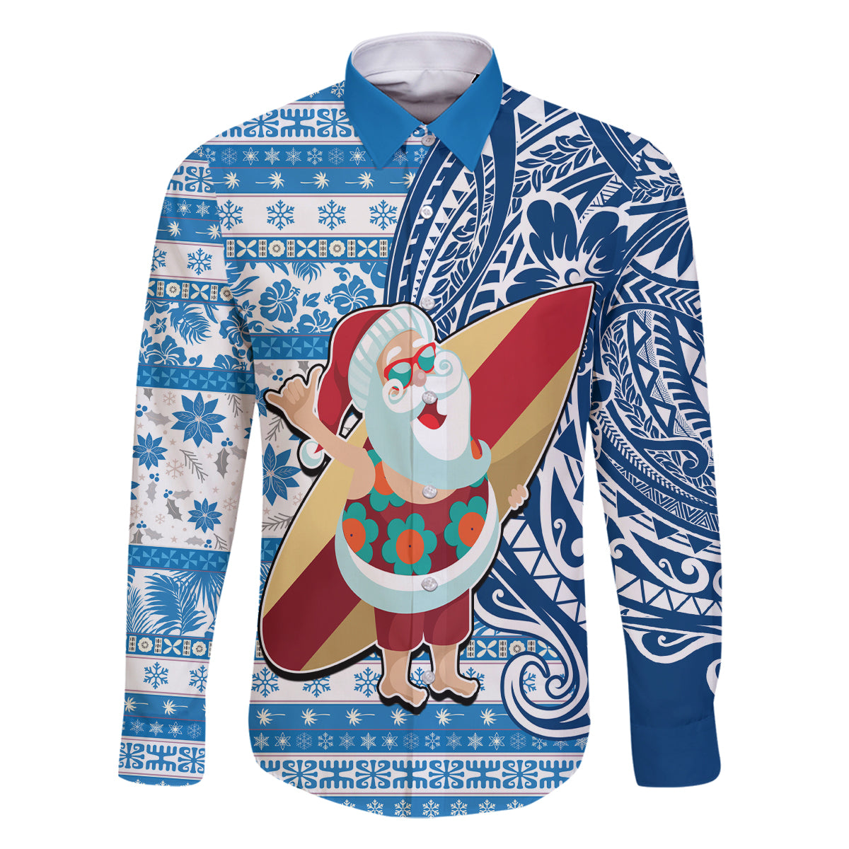 Custom Hawaii Mele Kalikimaka Family Matching Long Sleeve Bodycon Dress and Hawaiian Shirt Santa Claus Surfing with Hawaiian Pattern Striped Blue Style LT03 Dad's Shirt - Long Sleeve Blue - Polynesian Pride