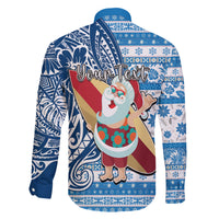Custom Hawaii Mele Kalikimaka Family Matching Long Sleeve Bodycon Dress and Hawaiian Shirt Santa Claus Surfing with Hawaiian Pattern Striped Blue Style LT03 - Polynesian Pride