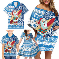 Custom Hawaii Mele Kalikimaka Family Matching Off Shoulder Short Dress and Hawaiian Shirt Santa Claus Surfing with Hawaiian Pattern Striped Blue Style LT03 - Polynesian Pride