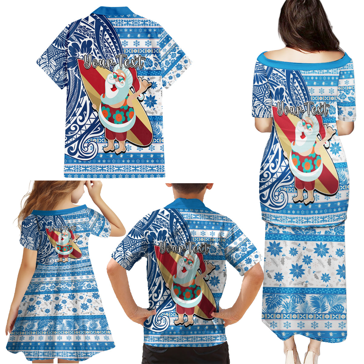 Custom Hawaii Mele Kalikimaka Family Matching Puletasi Dress and Hawaiian Shirt Santa Claus Surfing with Hawaiian Pattern Striped Blue Style LT03 - Polynesian Pride