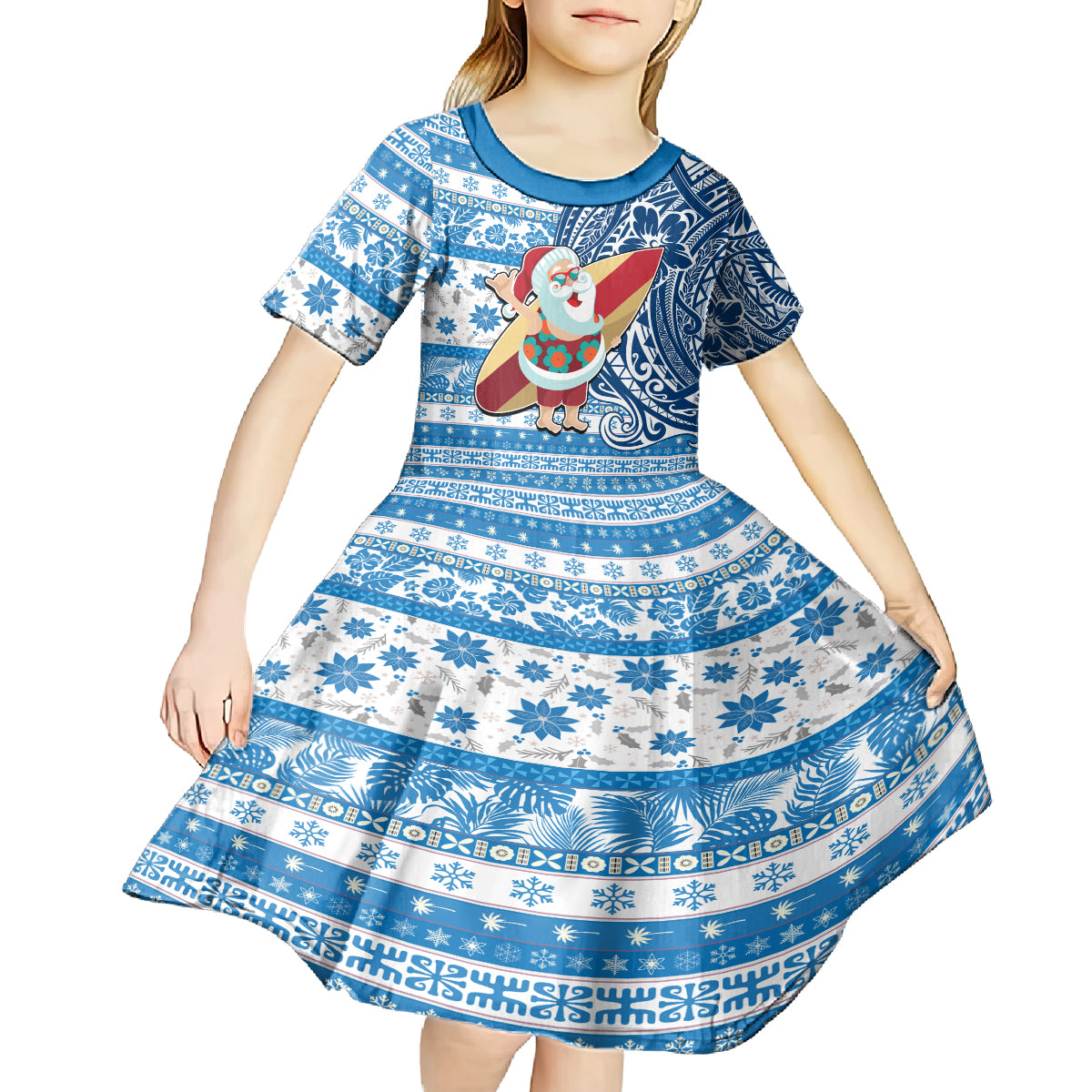 Custom Hawaii Mele Kalikimaka Kid Short Sleeve Dress Santa Claus Surfing with Hawaiian Pattern Striped Blue Style LT03 - Polynesian Pride