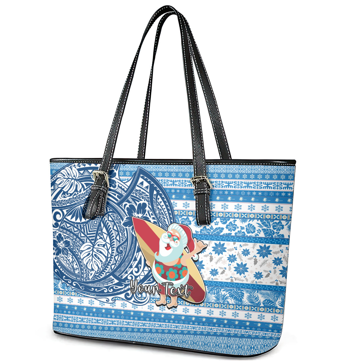 Custom Hawaii Mele Kalikimaka Leather Tote Bag Santa Claus Surfing with Hawaiian Pattern Striped Blue Style LT03 - Polynesian Pride
