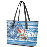 Custom Hawaii Mele Kalikimaka Leather Tote Bag Santa Claus Surfing with Hawaiian Pattern Striped Blue Style LT03 - Polynesian Pride